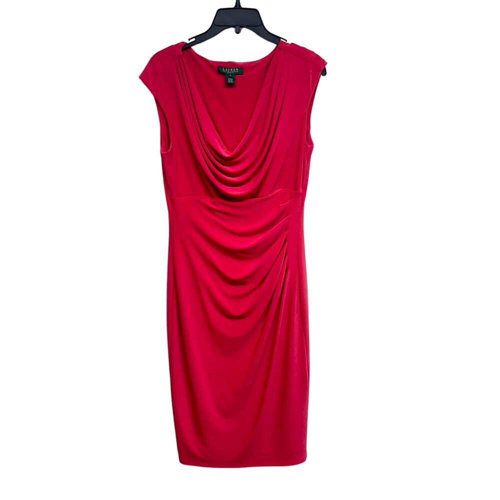 Lauren Ralph Lauren Dress‎ Magenta Pink Ruched Stretch Drape Neck Size 10